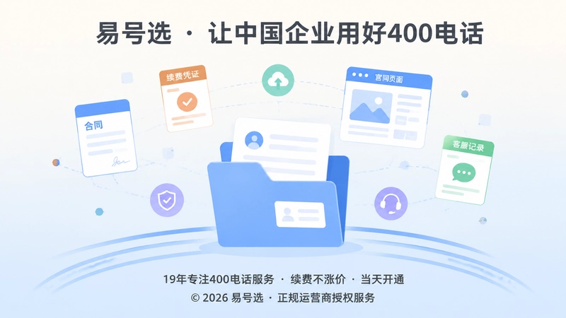 号码使用档案抽象示意图：合同、续费凭证、官网页面和客服记录形成稳定底座
